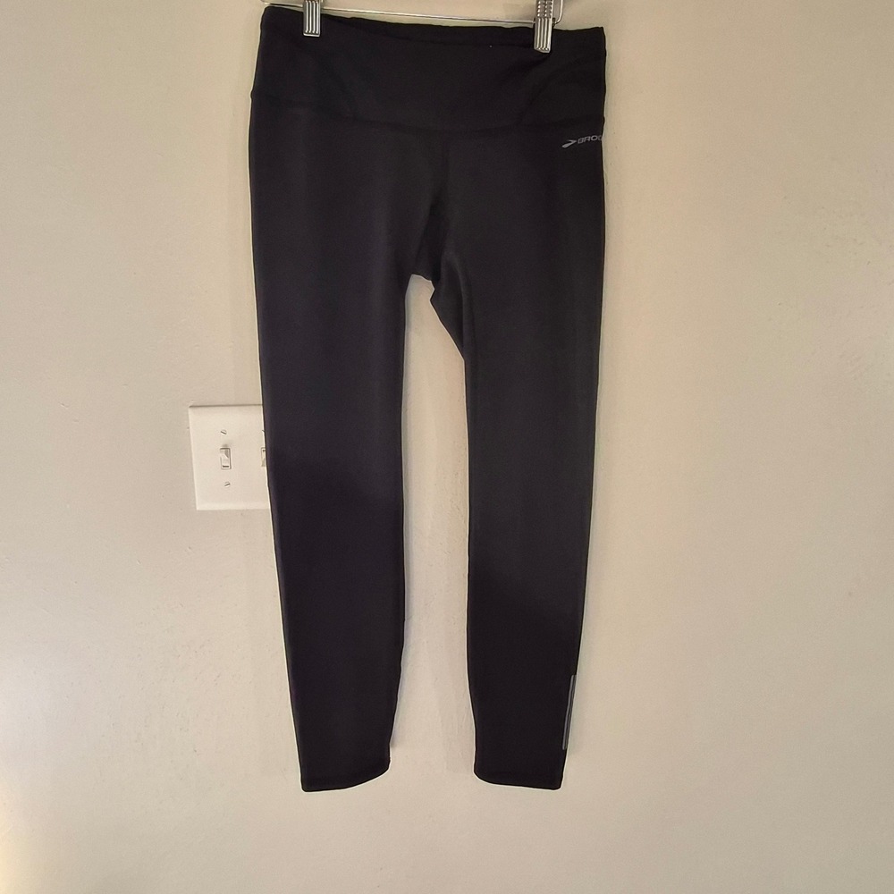 Brooks Womens Medium Black Running Leggings Zip Equilibrium Tights Athleisure